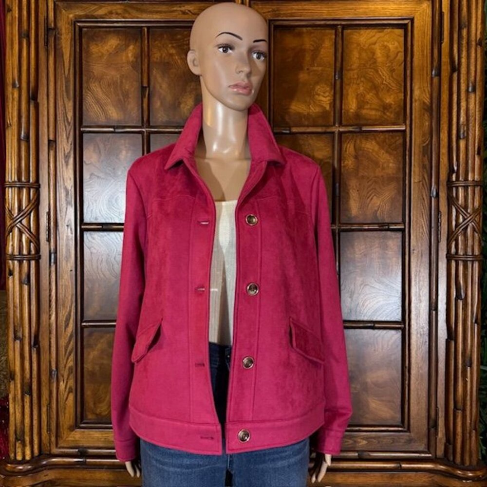 Chico's Raspberry Scuba Stretch Faux Suede Topstitch Gold Rim Button Jacket